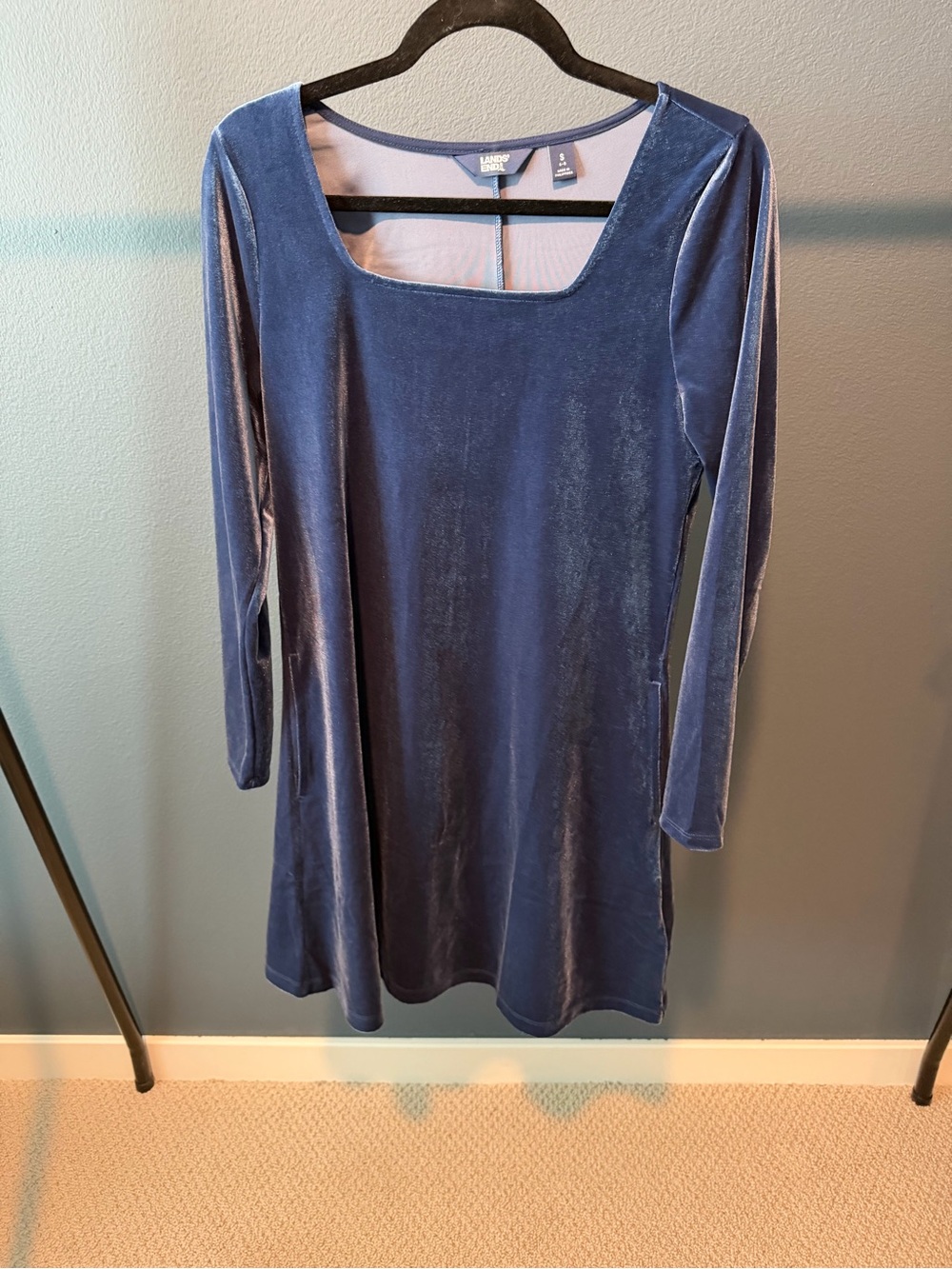 Lands' End Blue Velvet Long-Sleeve Dress